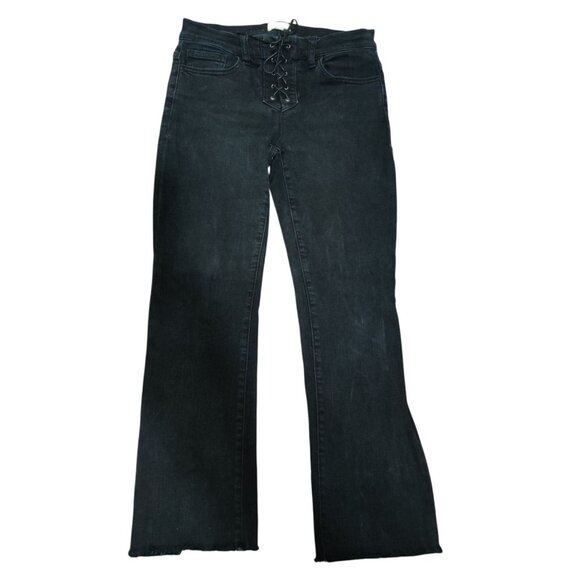 id:23 26 Black Lace Up Mid Rise Flare Jeans Raw Hem Grunge Y2K Stretch Denim - Picture 1 of 9